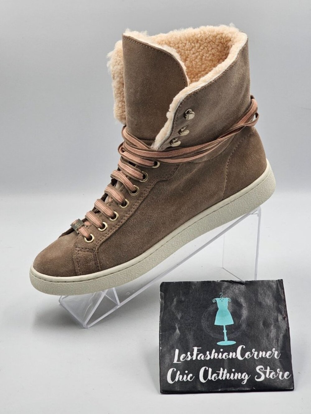 UGG Women's Beige Suede Starlyn Lace-Up Shearling High-Top Trainers Size7.5 3243 - Picture 14 of 16